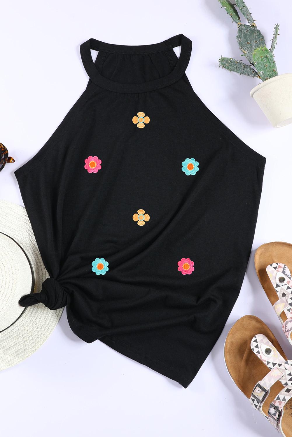 Black Sleeveless Floral Tank, Round Neck Summer Graphic Top - Detail View 8 Black Sleeveless Floral Tank, Round Neck Summer Graphic Top - Detail View 8