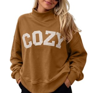 Women's Cozy Embroidered Sweatshirt, Casual Stand Neck - Main View