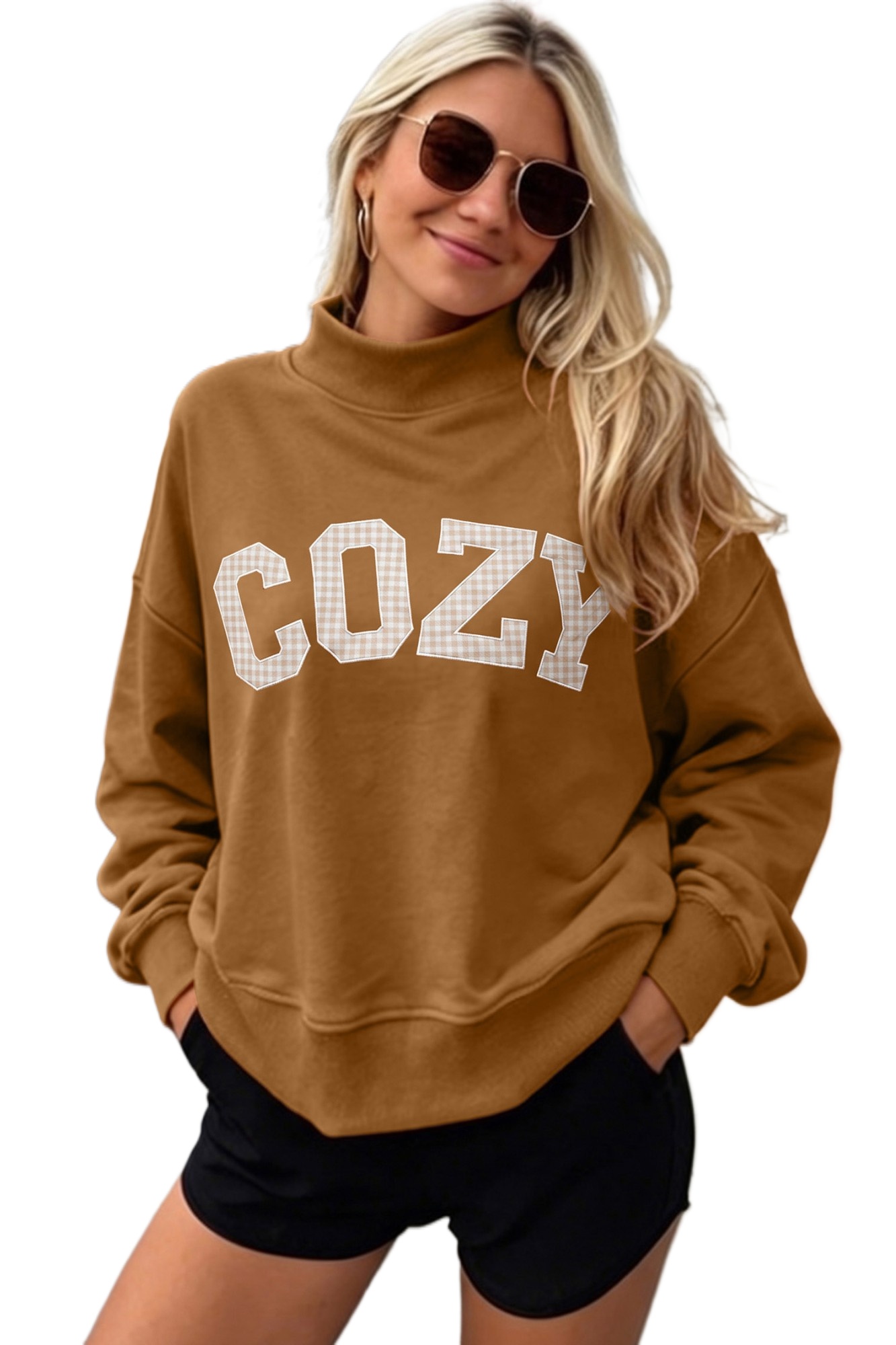 Women's Cozy Embroidered Sweatshirt, Casual Stand Neck - Main View Women's Cozy Embroidered Sweatshirt, Casual Stand Neck - Main View