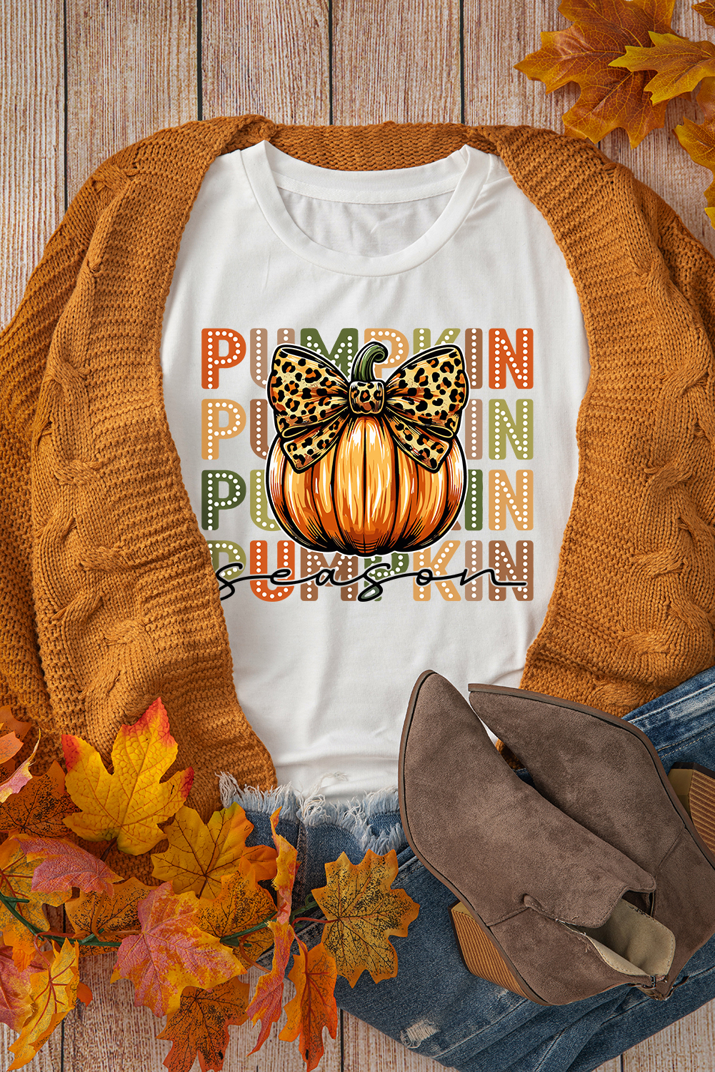 Women's Pumpkin Season Leopard Bow Print Crew Neck T-Shirt - Detail View 6 Women's Pumpkin Season Leopard Bow Print Crew Neck T-Shirt - Detail View 6