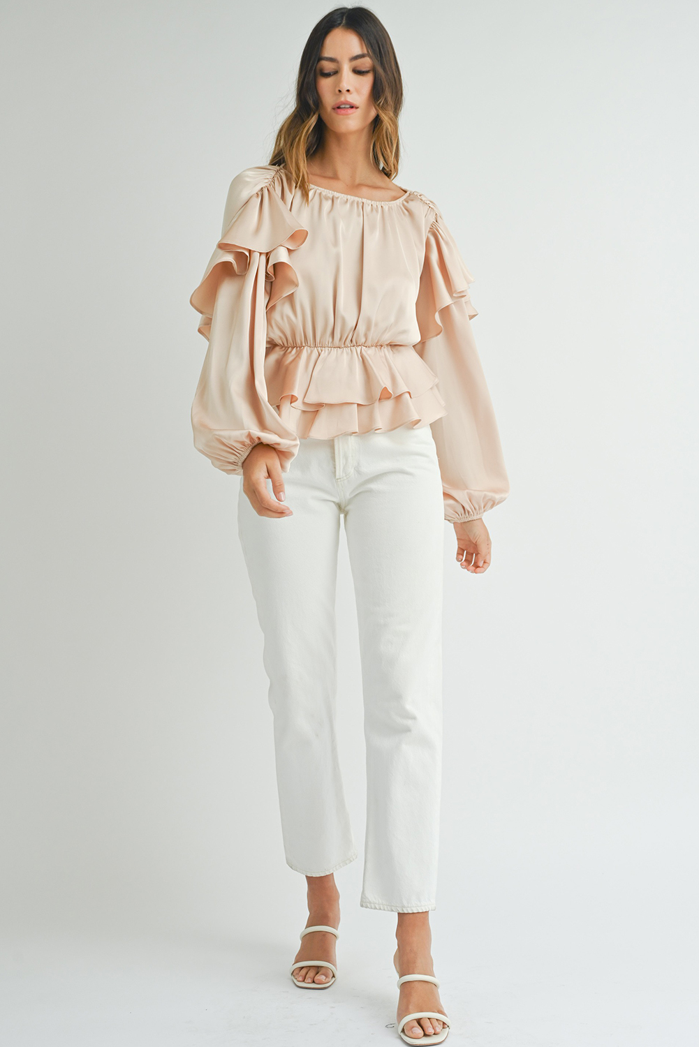 Women's Oatmeal Lace-up Keyhole Back Ruffled Peplum Blouse – Elegant Long Sleeve Top - Detail View 9 Women's Oatmeal Lace-up Keyhole Back Ruffled Peplum Blouse – Elegant Long Sleeve Top - Detail View 9