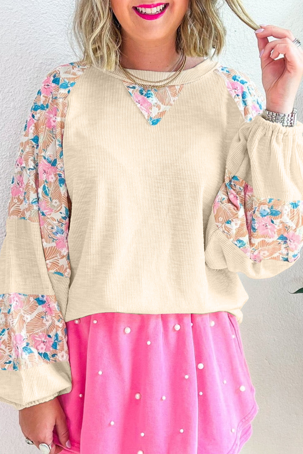 Elegant Long Sleeve Blouse: Apricot Floral Patchwork Design - Detail View 2 Elegant Long Sleeve Blouse: Apricot Floral Patchwork Design - Detail View 2