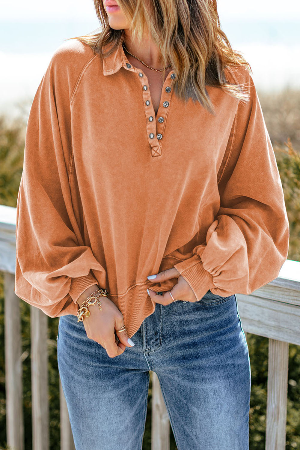 Women's Collar Pullover, Vintage Washed Button Up Sweatshirt - Detail View 6 Women's Collar Pullover, Vintage Washed Button Up Sweatshirt - Detail View 6