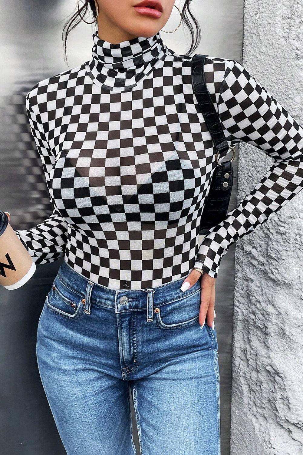 Sexy and Cozy Bodysuit with Checkered Print - High Neck Long Sleeve - Detail View 7 Sexy and Cozy Bodysuit with Checkered Print - High Neck Long Sleeve - Detail View 7
