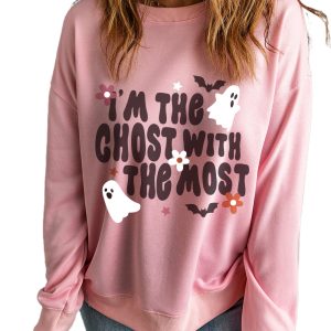 Women's Cozy Pink Halloween Slogan Ghost Bat Graphic Drop Shoulder Sweatshirt - Main View