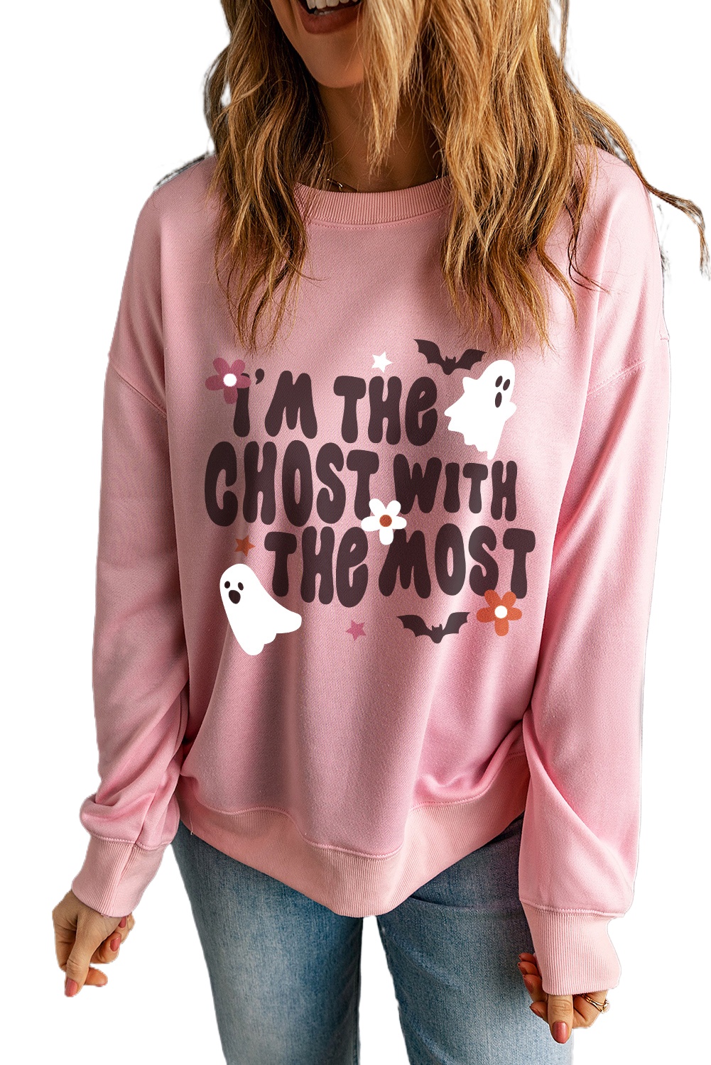 Women's Cozy Pink Halloween Slogan Ghost Bat Graphic Drop Shoulder Sweatshirt - Main View Women's Cozy Pink Halloween Slogan Ghost Bat Graphic Drop Shoulder Sweatshirt - Main View