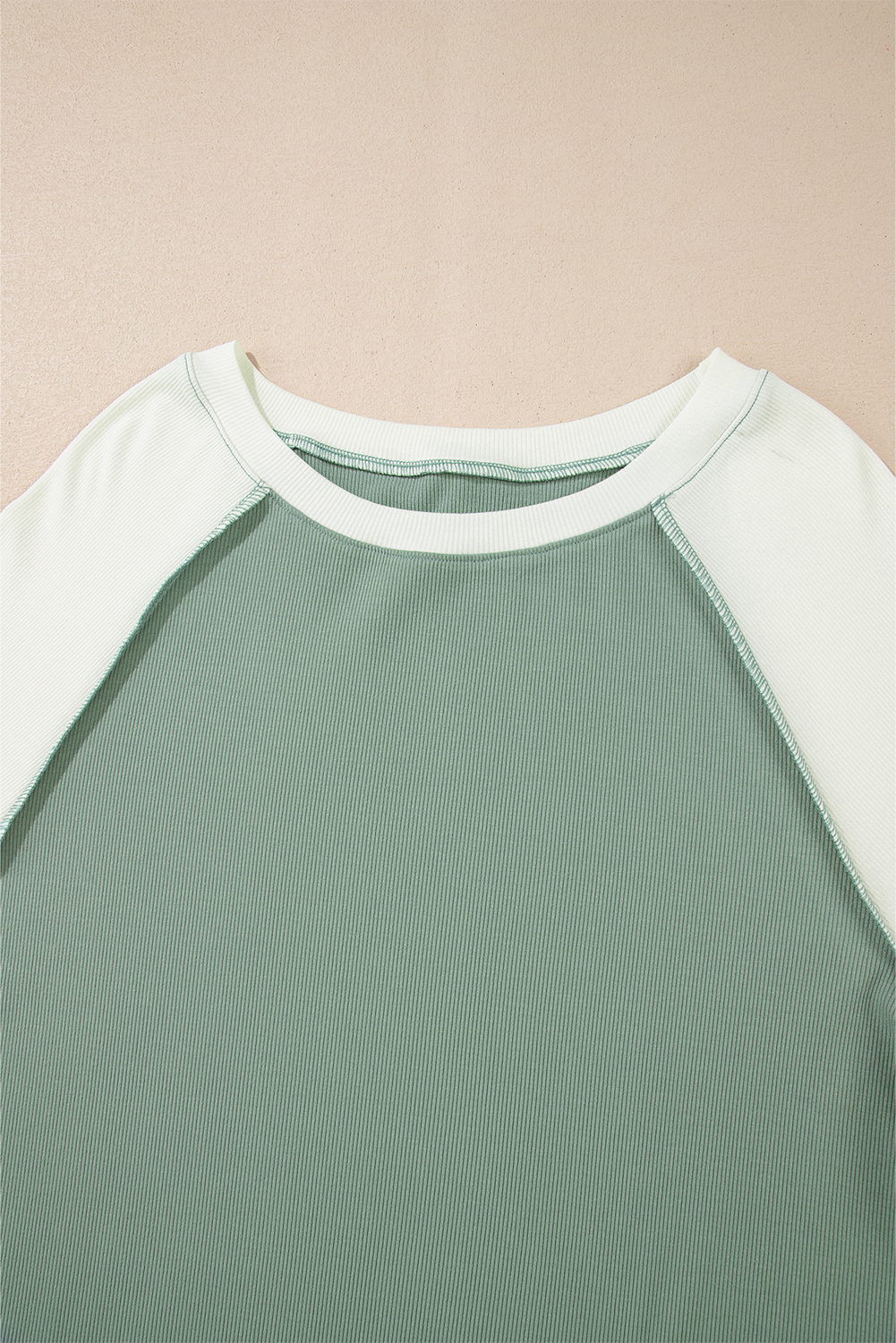 Women's Mint Green Ribbed Colorblock Patchwork Raglan Long Sleeve Top - Detail View 9 Women's Mint Green Ribbed Colorblock Patchwork Raglan Long Sleeve Top - Detail View 9