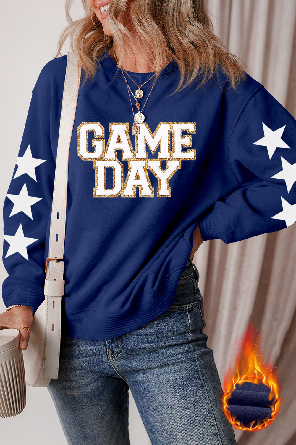 Relaxed Fit Sporty Navy Blue Graphic Sweatshirt for Game Day - Soft & Cozy - Detail View 3 Relaxed Fit Sporty Navy Blue Graphic Sweatshirt for Game Day - Soft & Cozy - Detail View 3