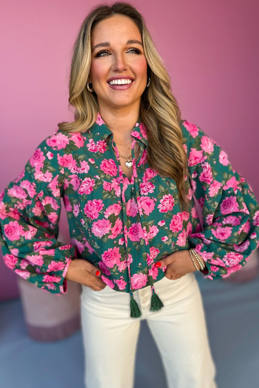 Chic V Neck Blouse with Puff Sleeves and Lace-Up Detail - Perfect for Spring - Detail View 2 Chic V Neck Blouse with Puff Sleeves and Lace-Up Detail - Perfect for Spring - Detail View 2