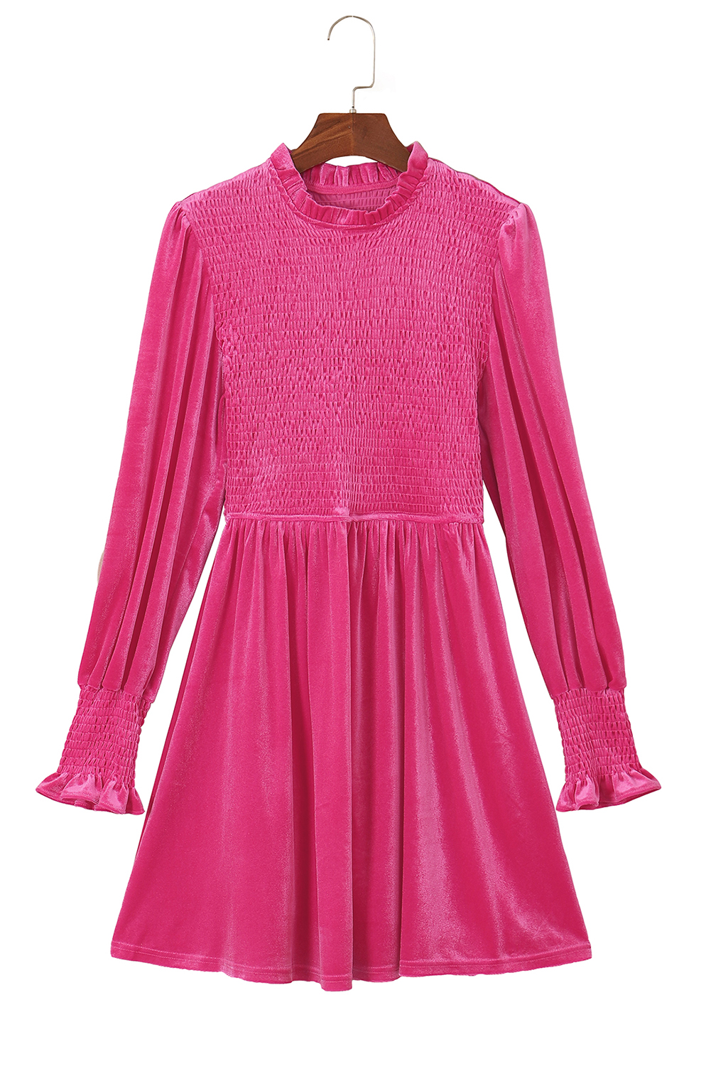 Women's Rosy Velvet Dress, Smocked Bodice Mini A Line Style - Detail View 7 Women's Rosy Velvet Dress, Smocked Bodice Mini A Line Style - Detail View 7