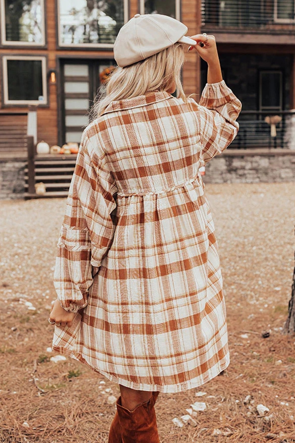 Charming Brown Plaid Mini Dress - Frilled Details and Side Pockets for Style and Function - Detail View 2 Charming Brown Plaid Mini Dress - Frilled Details and Side Pockets for Style and Function - Detail View 2