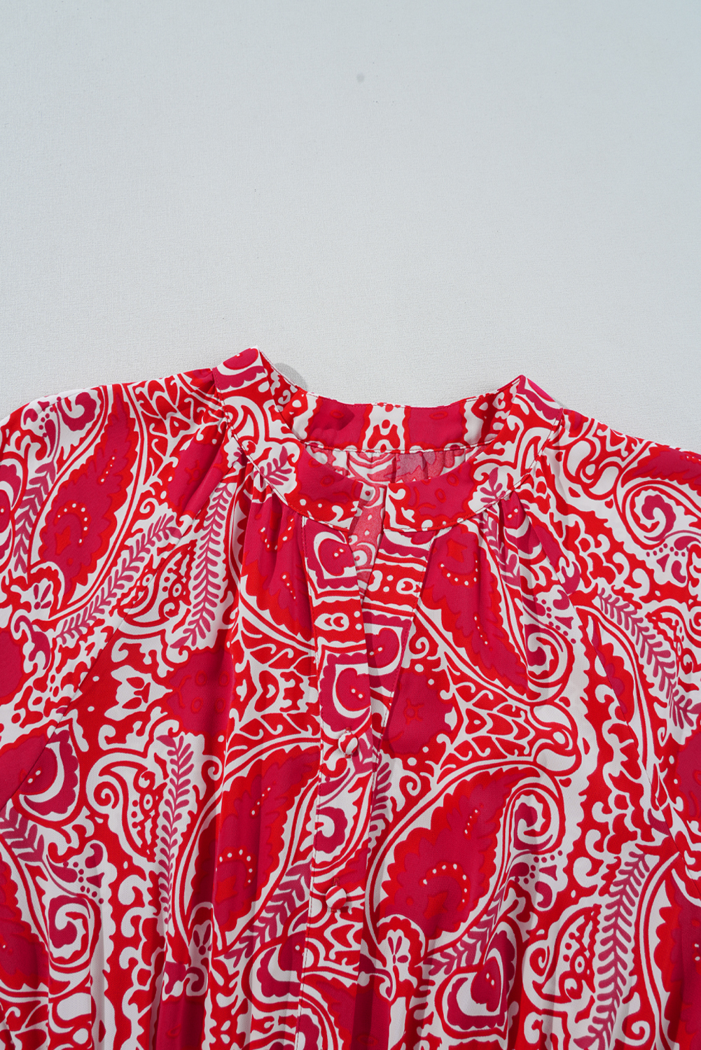Women's Red Paisley Print Puff Sleeve High Waist Maxi Dress with Side Slit - Detail View 13 Women's Red Paisley Print Puff Sleeve High Waist Maxi Dress with Side Slit - Detail View 13
