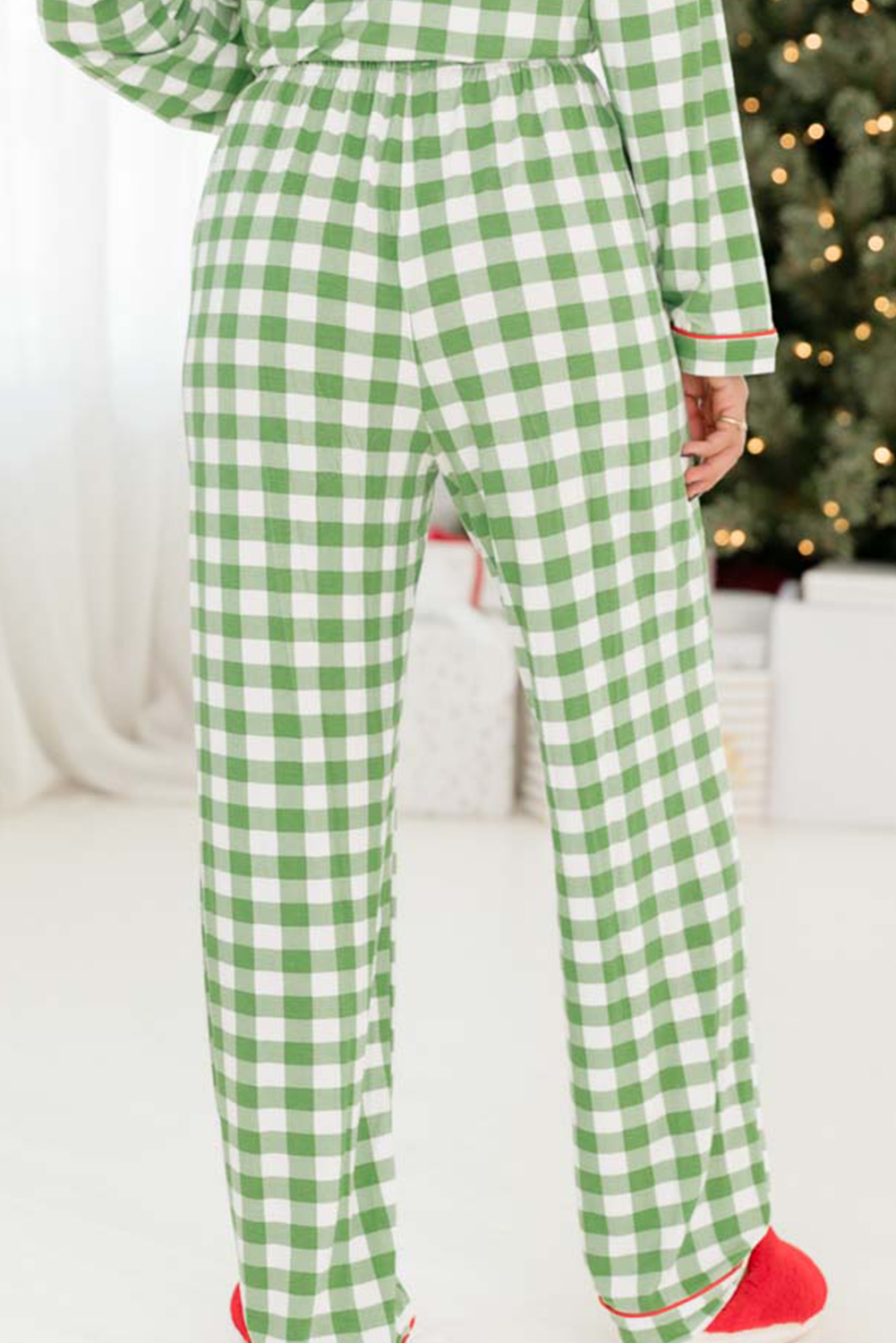 Festive Two-Piece Set: Christmas Plaid Print Top and Pants Jumpsuit - Detail View 7 Festive Two-Piece Set: Christmas Plaid Print Top and Pants Jumpsuit - Detail View 7