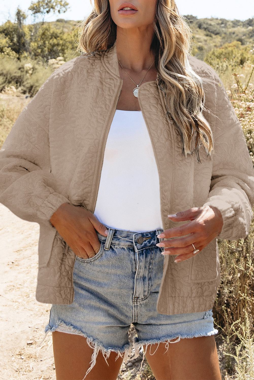 Women's Light French Beige Floral Quilted Jacket with Long Sleeves - Detail View 6 Women's Light French Beige Floral Quilted Jacket with Long Sleeves - Detail View 6
