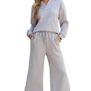 Women's Light Grey Solid Textured Collared V-Neck Top and Wide Leg Pants Set - Main View