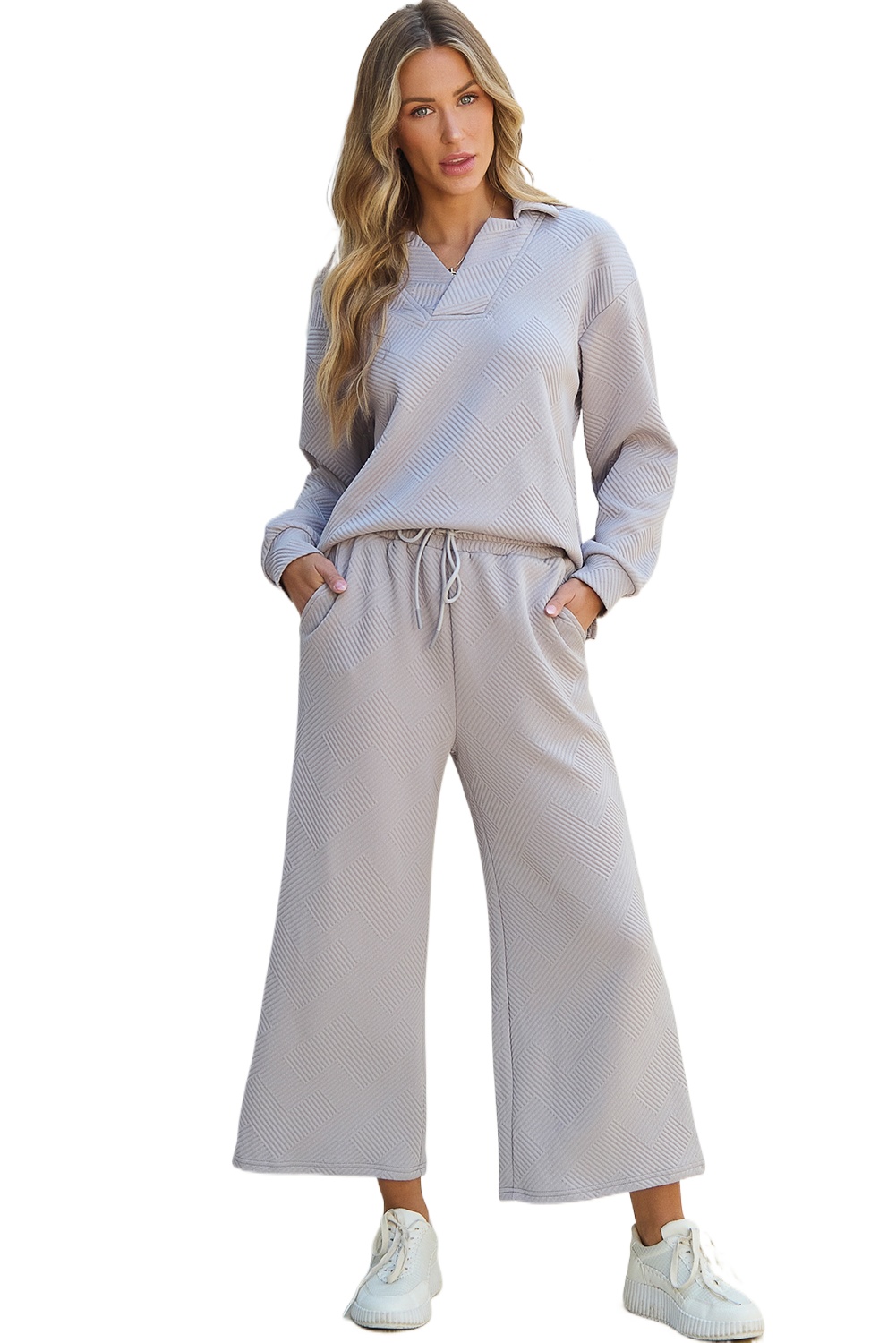 Women's Light Grey Solid Textured Collared V-Neck Top and Wide Leg Pants Set - Main View Women's Light Grey Solid Textured Collared V-Neck Top and Wide Leg Pants Set - Main View