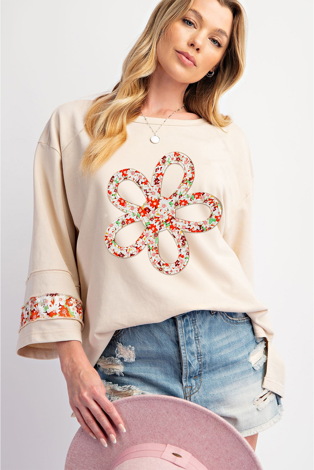 Women's Beige Flower Patch Graphic Exposed Seam Wide Sleeve Top - Detail View 6 Women's Beige Flower Patch Graphic Exposed Seam Wide Sleeve Top - Detail View 6