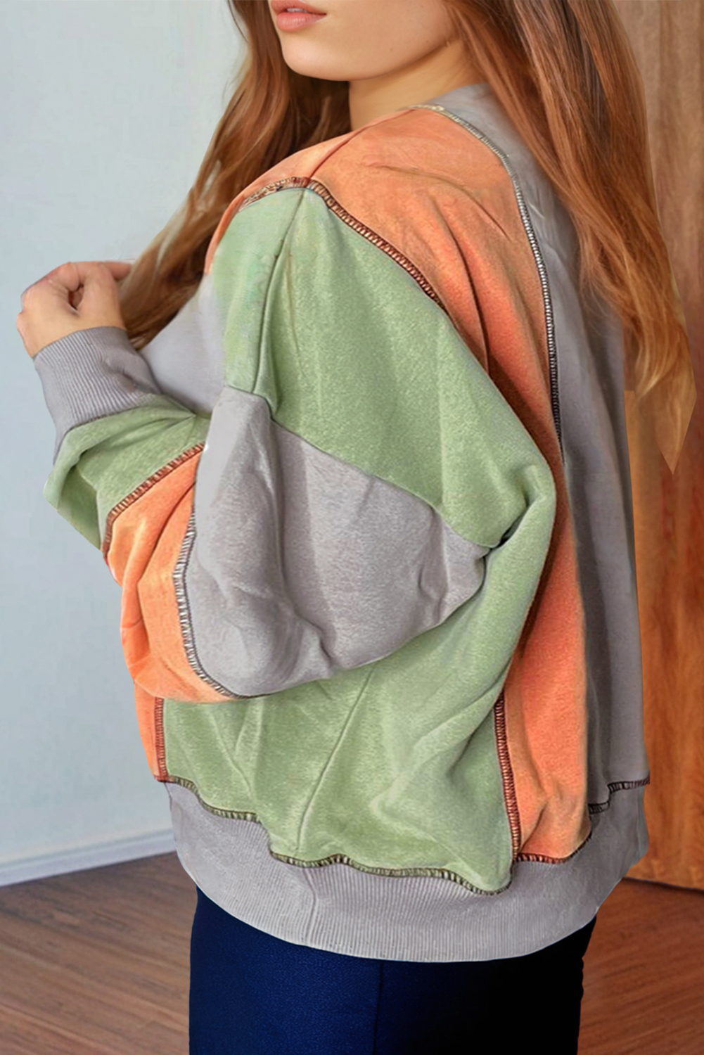 Casual Color Block Sweatshirt with Intricate Stitching - Perfect for Everyday Wear - Detail View 6 Casual Color Block Sweatshirt with Intricate Stitching - Perfect for Everyday Wear - Detail View 6