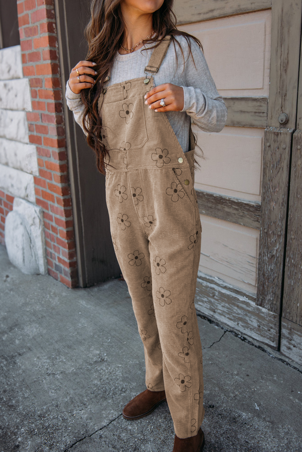 Women's Khaki Flower Print Corduroy Overalls - Detail View 6 Women's Khaki Flower Print Corduroy Overalls - Detail View 6