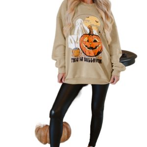 Women's Parchment Spooky Pumpkin Graphic Crewneck Halloween Sweatshirt - Main View