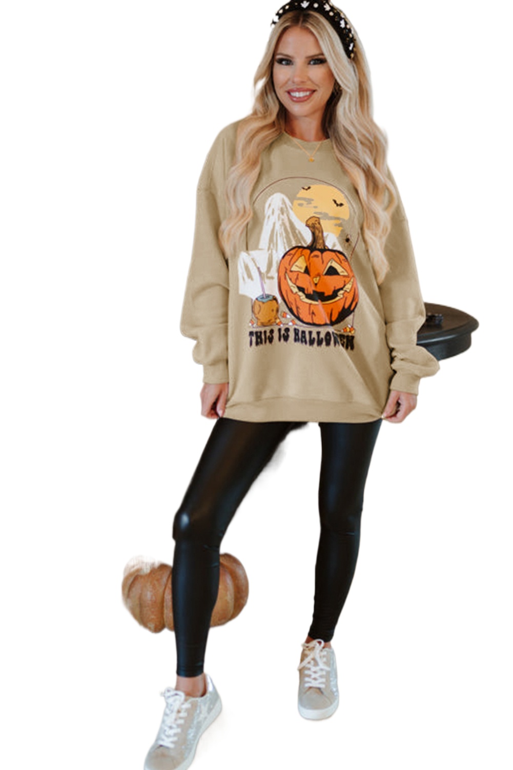 Women's Parchment Spooky Pumpkin Graphic Crewneck Halloween Sweatshirt - Main View Women's Parchment Spooky Pumpkin Graphic Crewneck Halloween Sweatshirt - Main View