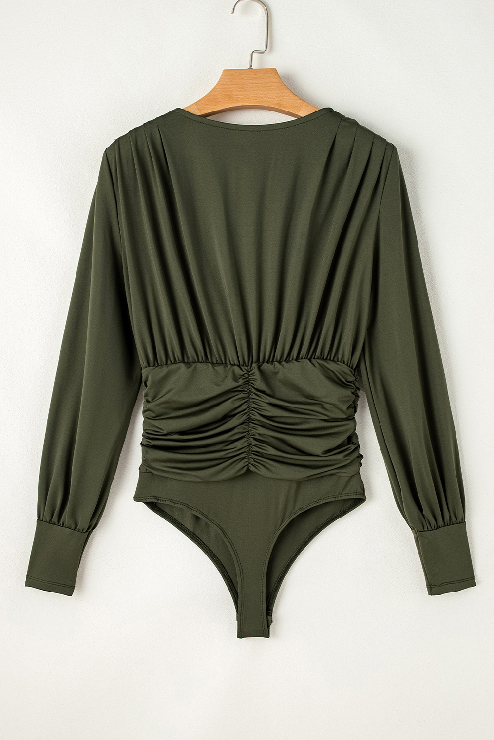 Classic Silhouette Long Sleeve Bodysuit with V Neck - Moss Green Women's - Detail View 8 Classic Silhouette Long Sleeve Bodysuit with V Neck - Moss Green Women's - Detail View 8