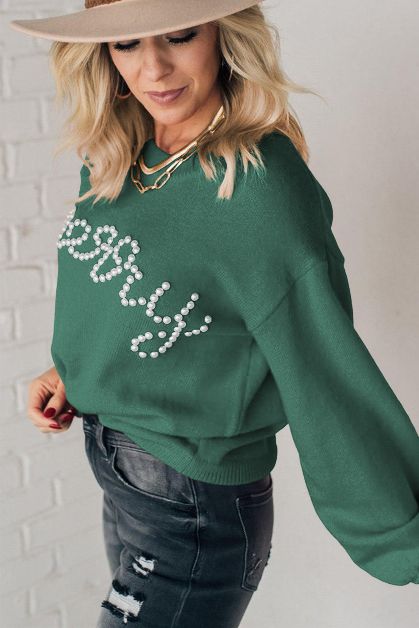 Cozy Long Sleeve Merry Sweater with Elegant Pearls for Christmas and Autumn Wear - Detail View 3 Cozy Long Sleeve Merry Sweater with Elegant Pearls for Christmas and Autumn Wear - Detail View 3