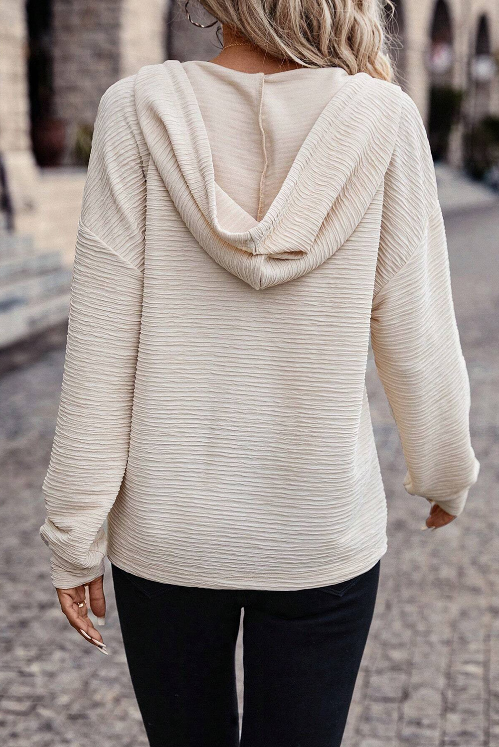 Soft Long Sleeve Henley, Women's Apricot Textured Casual Top - Detail View 3 Soft Long Sleeve Henley, Women's Apricot Textured Casual Top - Detail View 3