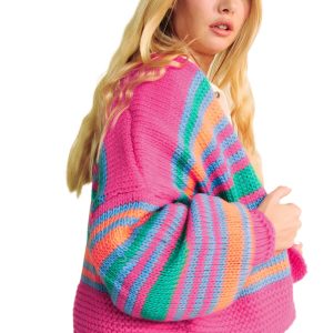 Women's Rose Stripe Colorful Puff Sleeve Drop Shoulder Loose Cardigan - Main View