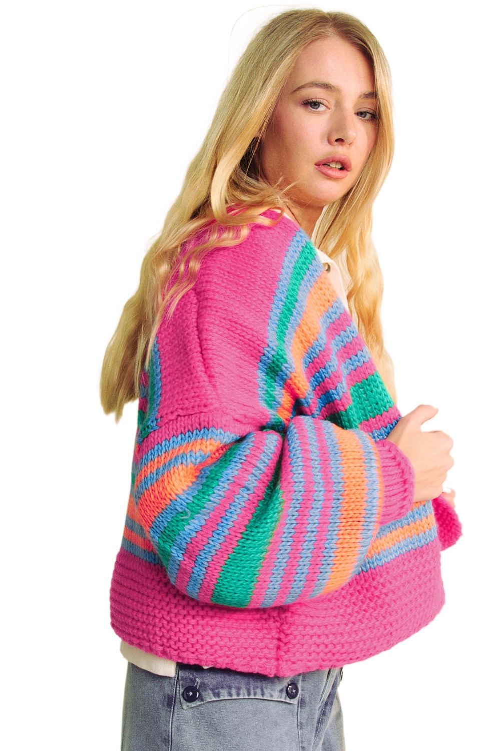Women's Rose Stripe Colorful Puff Sleeve Drop Shoulder Loose Cardigan - Main View Women's Rose Stripe Colorful Puff Sleeve Drop Shoulder Loose Cardigan - Main View