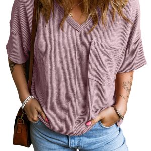 Women's Ribbed V Neck T-Shirt, Casual Short Sleeve Top - Main View