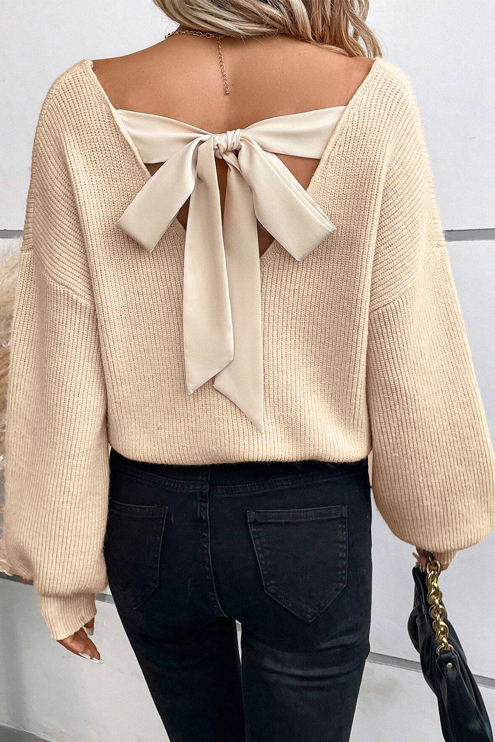 Chic Women's Knot Back Sweater, Long Sleeve Casual Pullover - Detail View 2 Chic Women's Knot Back Sweater, Long Sleeve Casual Pullover - Detail View 2