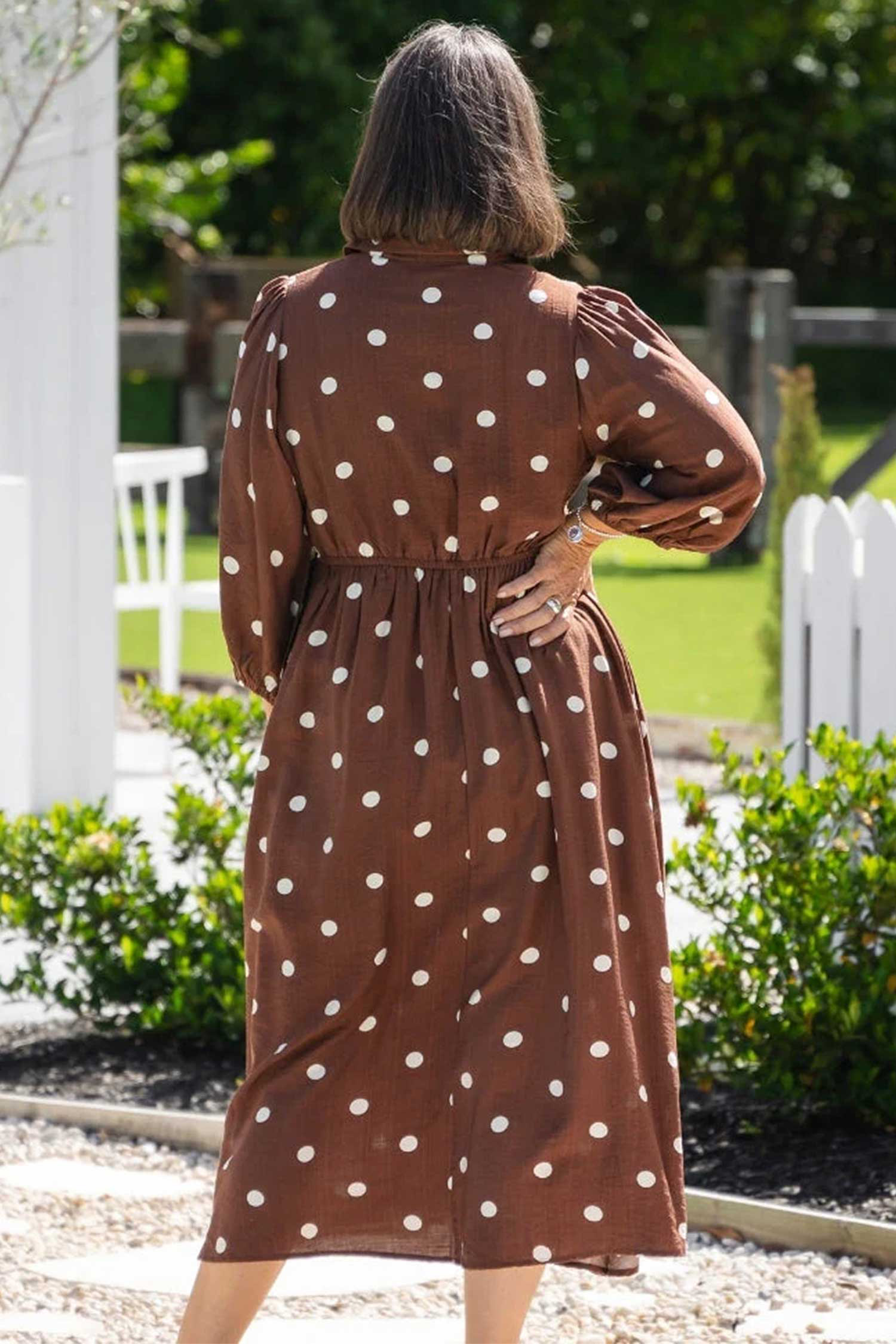 Women's Brown Polka Dot Dress, Long Sleeve Casual A Line - Detail View 7 Women's Brown Polka Dot Dress, Long Sleeve Casual A Line - Detail View 7