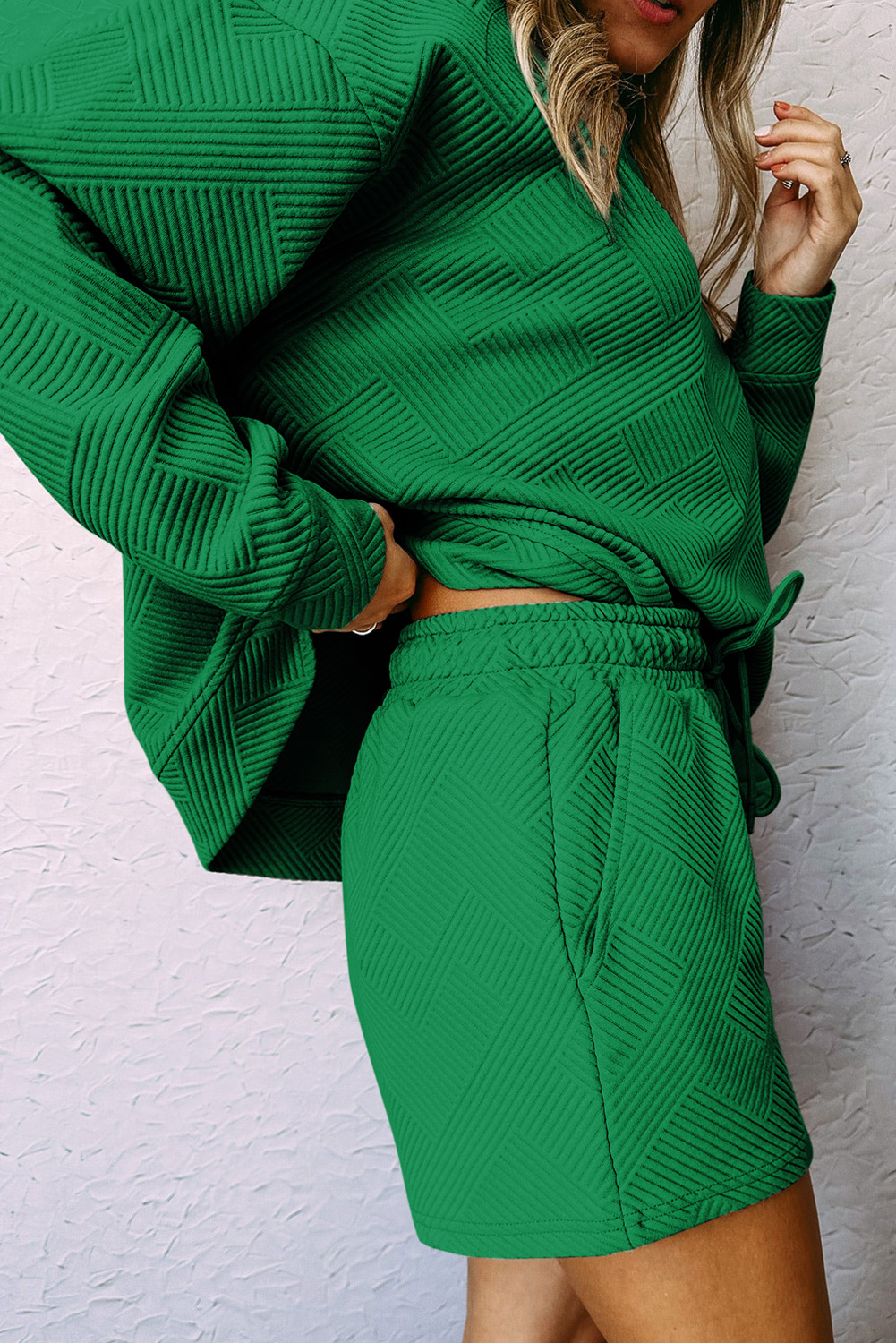 Women's Green Lounge Set, Textured Long Sleeve Top and Shorts - Detail View 10 Women's Green Lounge Set, Textured Long Sleeve Top and Shorts - Detail View 10