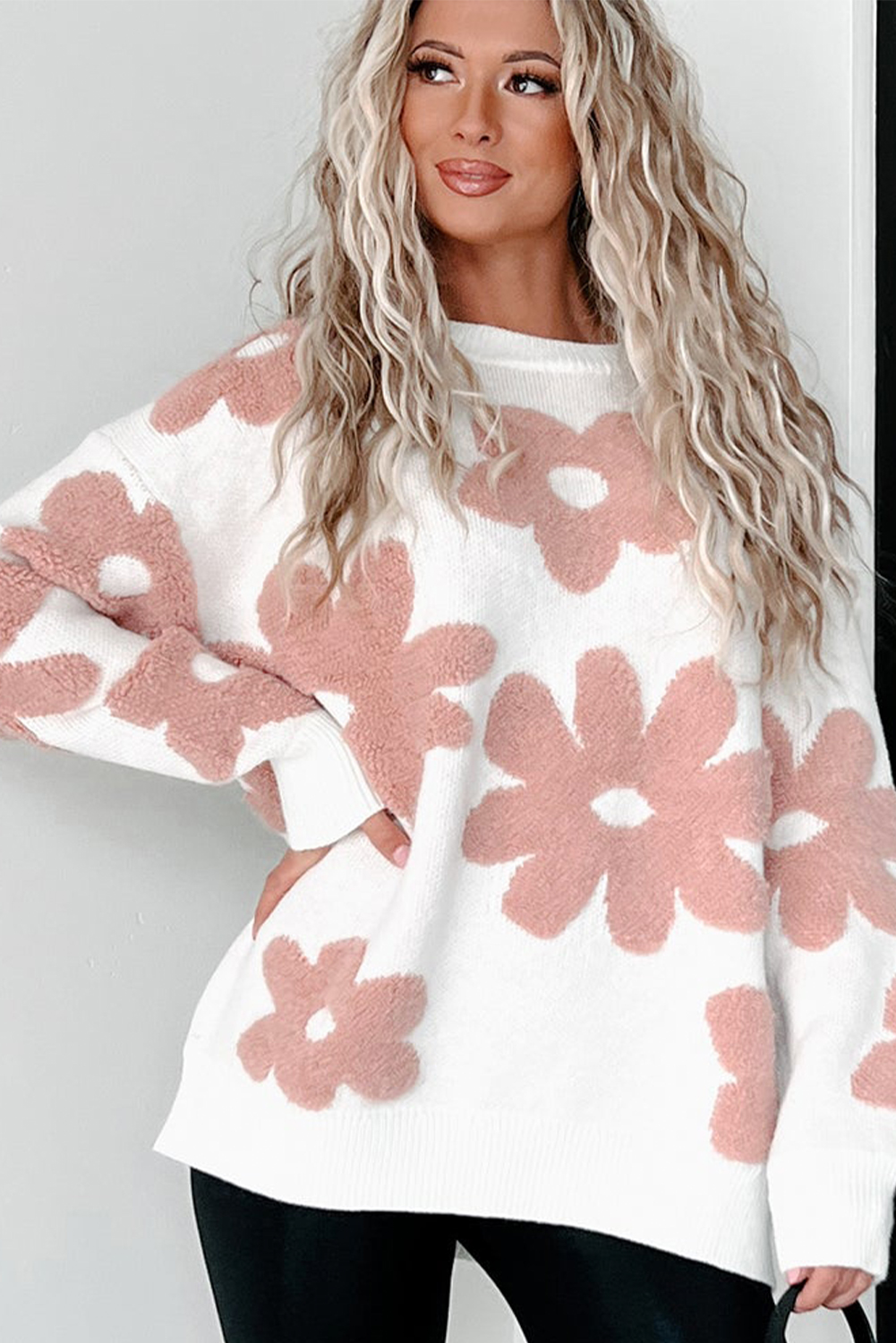 Cozy Round Neck Knit Sweater: White Floral Pattern, Relaxed Fit - Detail View 7 Cozy Round Neck Knit Sweater: White Floral Pattern, Relaxed Fit - Detail View 7