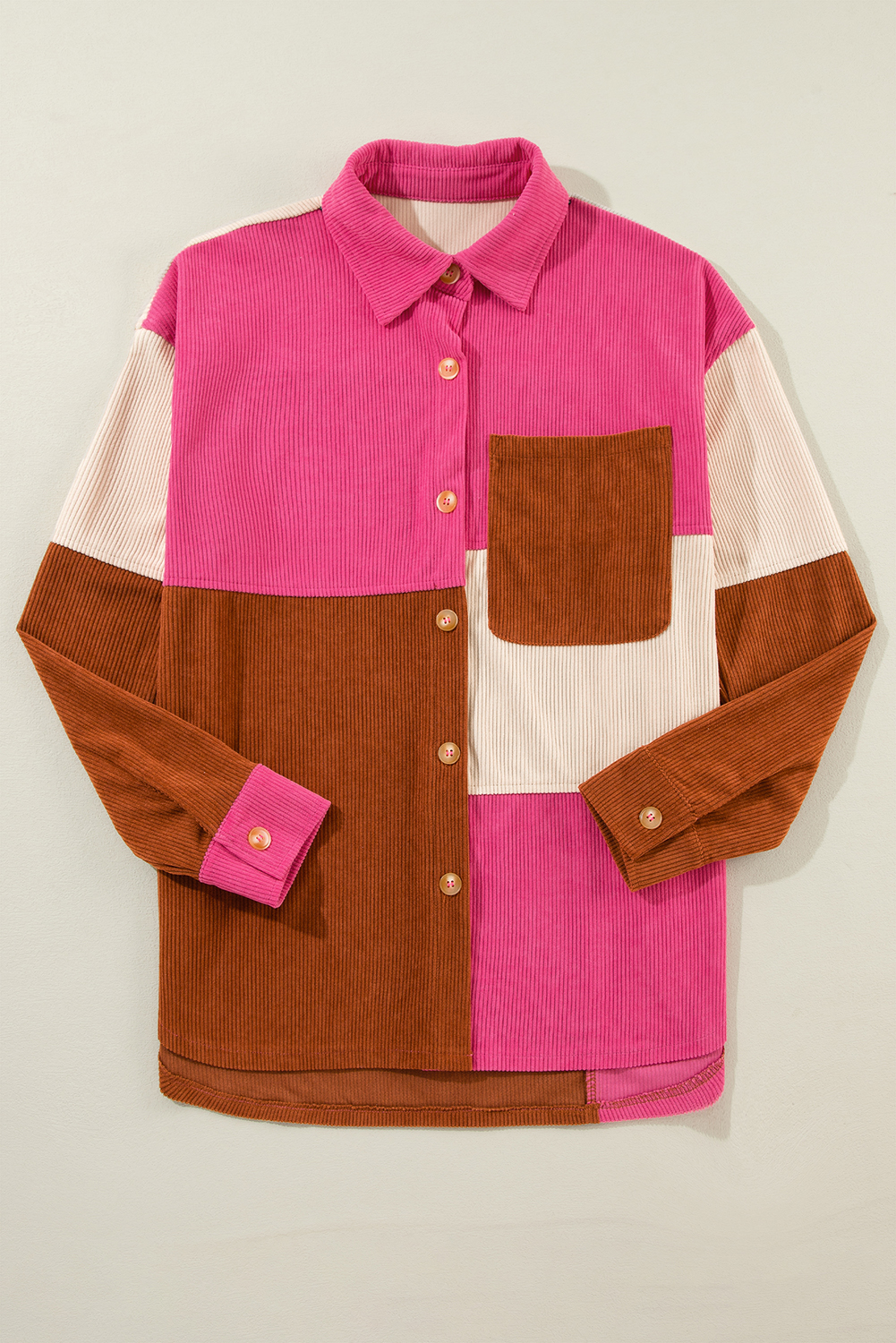 Elevate your winter wardrobe with this Women's Rose Red Colorblock Curved Hem Corduroy Shacket with Pocket. Stay stylish with the trendy color block design that adds a modern touch to your look. The unique patched pocket enhances the shacket with added flair and functionality. Crafted from outstanding corduroy, this shacket ensures durability and long-lasting wear. The curved hem further adds to its unique and fashionable appeal. Perfect for daily wear, this shacket is a versatile addition to your outerwear collection. Made from 95% polyester and 5% elastane, it offers both comfort and style, making it an essential piece for the winter season. - Detail View 4 Elevate your winter wardrobe with this Women's Rose Red Colorblock Curved Hem Corduroy Shacket with Pocket. Stay stylish with the trendy color block design that adds a modern touch to your look. The unique patched pocket enhances the shacket with added flair and functionality. Crafted from outstanding corduroy, this shacket ensures durability and long-lasting wear. The curved hem further adds to its unique and fashionable appeal. Perfect for daily wear, this shacket is a versatile addition to your outerwear collection. Made from 95% polyester and 5% elastane, it offers both comfort and style, making it an essential piece for the winter season. - Detail View 4