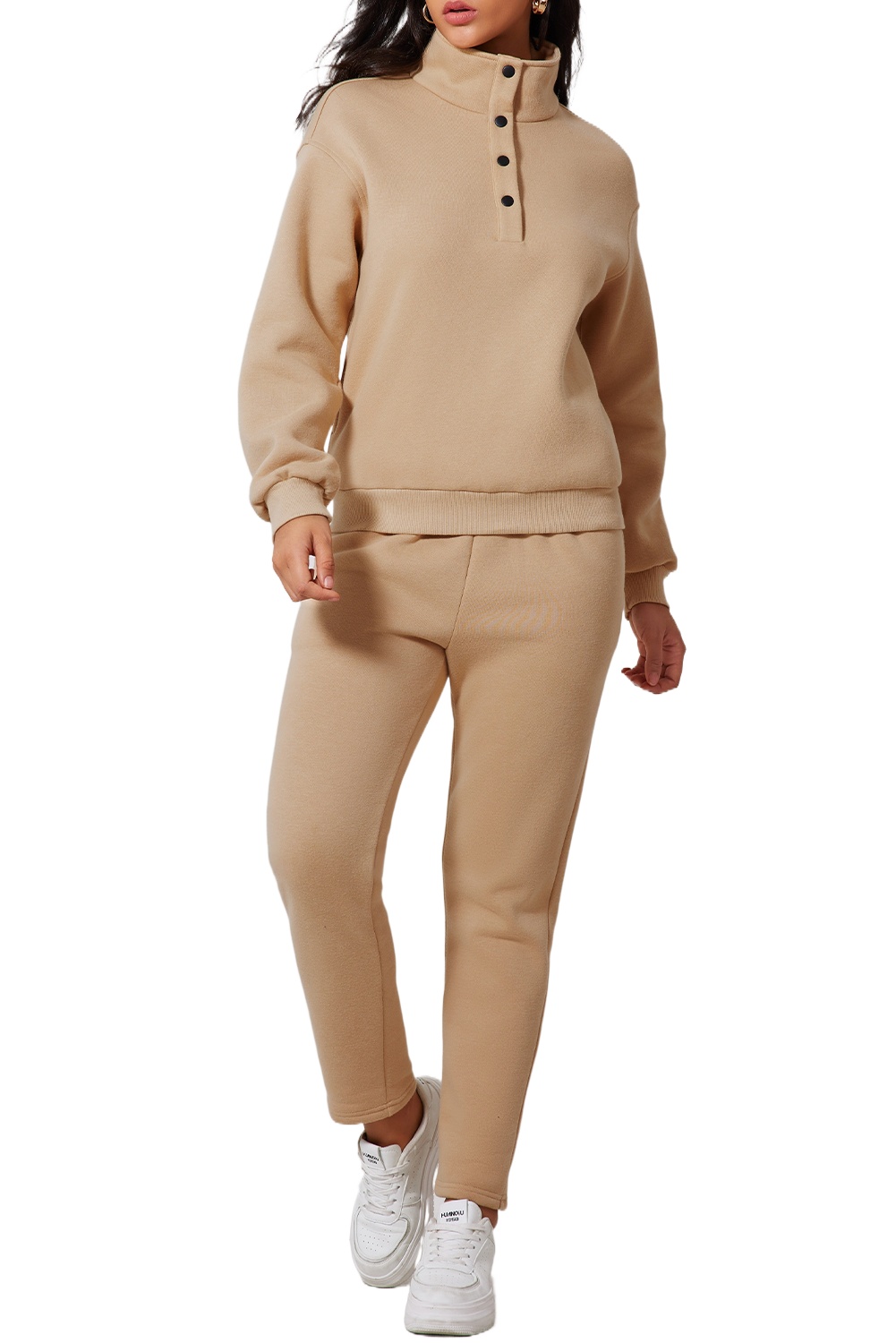 Women's Parchment Solid Half Button Sweatshirt and High Waist Sweatpants Set - Main View Women's Parchment Solid Half Button Sweatshirt and High Waist Sweatpants Set - Main View