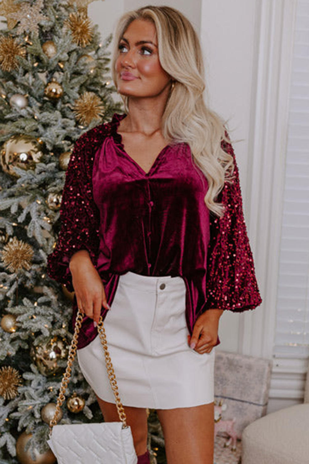 Women's Velvet Top, Red Dahlia, Sequin Patchwork, Button Up, Long Sleeves, Velvet Material, Ruffled V Neck, Faux Buttoned Front, Elegant Style, Night Out, Fall and Autumn Season, Tops, Blouses & Shirts, Long Sleeve, Solid Color, Country Style, Sequins, Velvet Fabric - Detail View 4 Women's Velvet Top, Red Dahlia, Sequin Patchwork, Button Up, Long Sleeves, Velvet Material, Ruffled V Neck, Faux Buttoned Front, Elegant Style, Night Out, Fall and Autumn Season, Tops, Blouses & Shirts, Long Sleeve, Solid Color, Country Style, Sequins, Velvet Fabric - Detail View 4