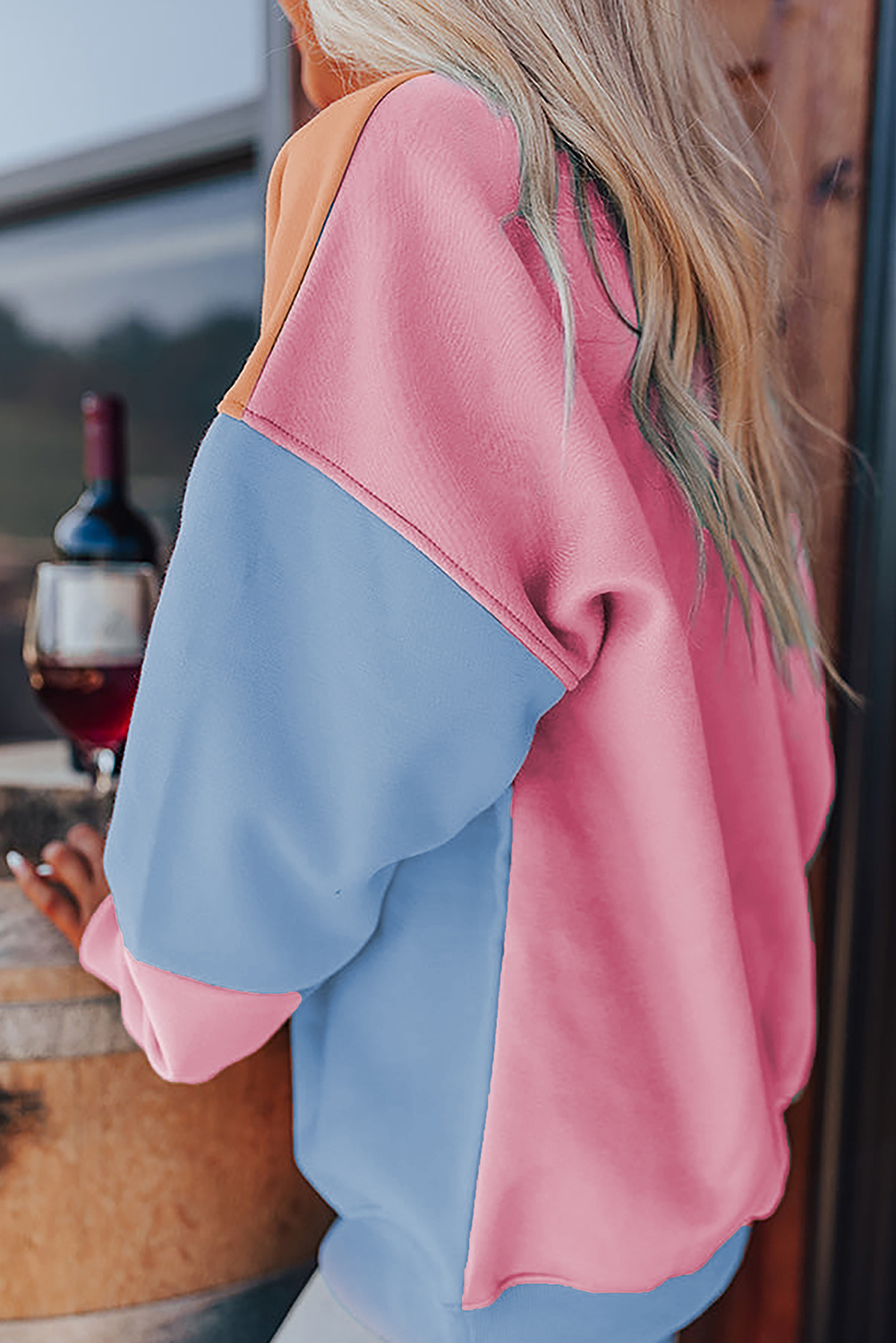 Relaxed Fit and Unique Patchwork Details - Sky Blue Sweatshirt for Women - Detail View 3 Relaxed Fit and Unique Patchwork Details - Sky Blue Sweatshirt for Women - Detail View 3