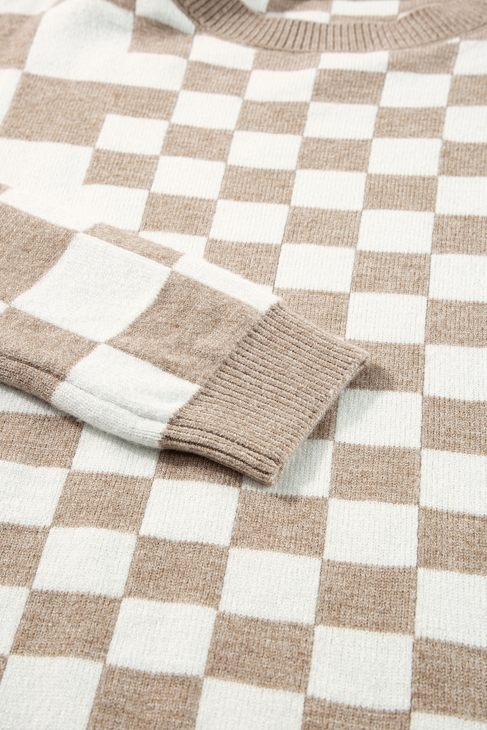 Women's Khaki Checkered Sweater, Casual Long Sleeve Knit Top - Detail View 13 Women's Khaki Checkered Sweater, Casual Long Sleeve Knit Top - Detail View 13