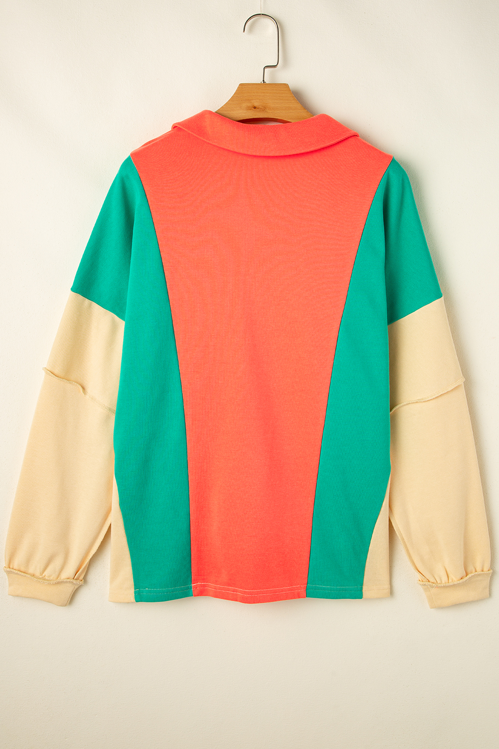 Women's Top, Grapefruit Orange, Color Block, Patchwork, Long Sleeve, V Neck, Casual, Comfortable, Trendy, Soft Fabric, Daily Wear, Autumn Fashion, Loose Fit, Stylish, Tops, Long Sleeve Tops - Detail View 4 Women's Top, Grapefruit Orange, Color Block, Patchwork, Long Sleeve, V Neck, Casual, Comfortable, Trendy, Soft Fabric, Daily Wear, Autumn Fashion, Loose Fit, Stylish, Tops, Long Sleeve Tops - Detail View 4