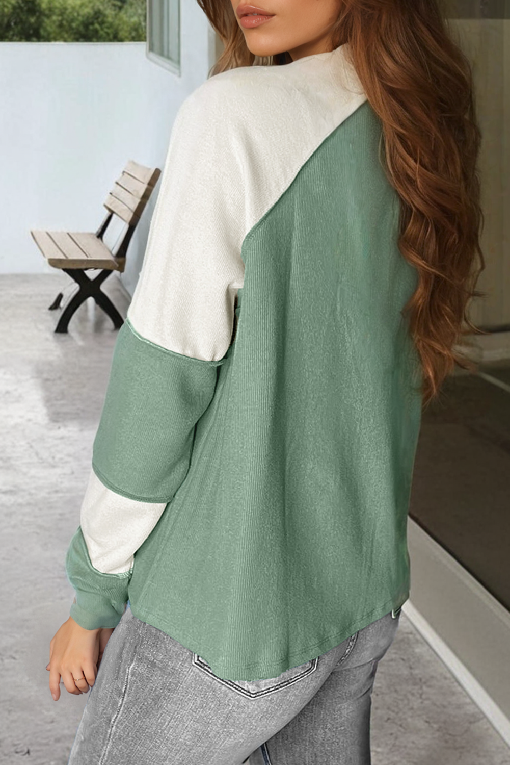 Chic and Comfy Mint Green Ribbed Long Sleeve Crew Neck Pullover - Detail View 2 Chic and Comfy Mint Green Ribbed Long Sleeve Crew Neck Pullover - Detail View 2