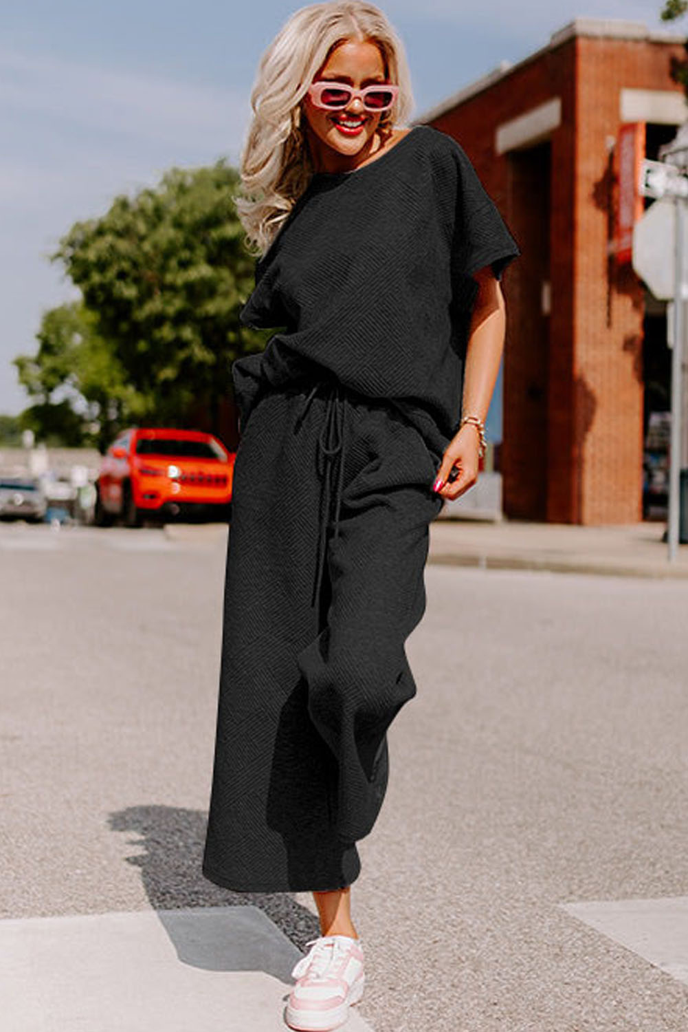 Women's Casual Ribbed Lounge Set, Comfortable Daily Black Suit - Detail View 3 Women's Casual Ribbed Lounge Set, Comfortable Daily Black Suit - Detail View 3