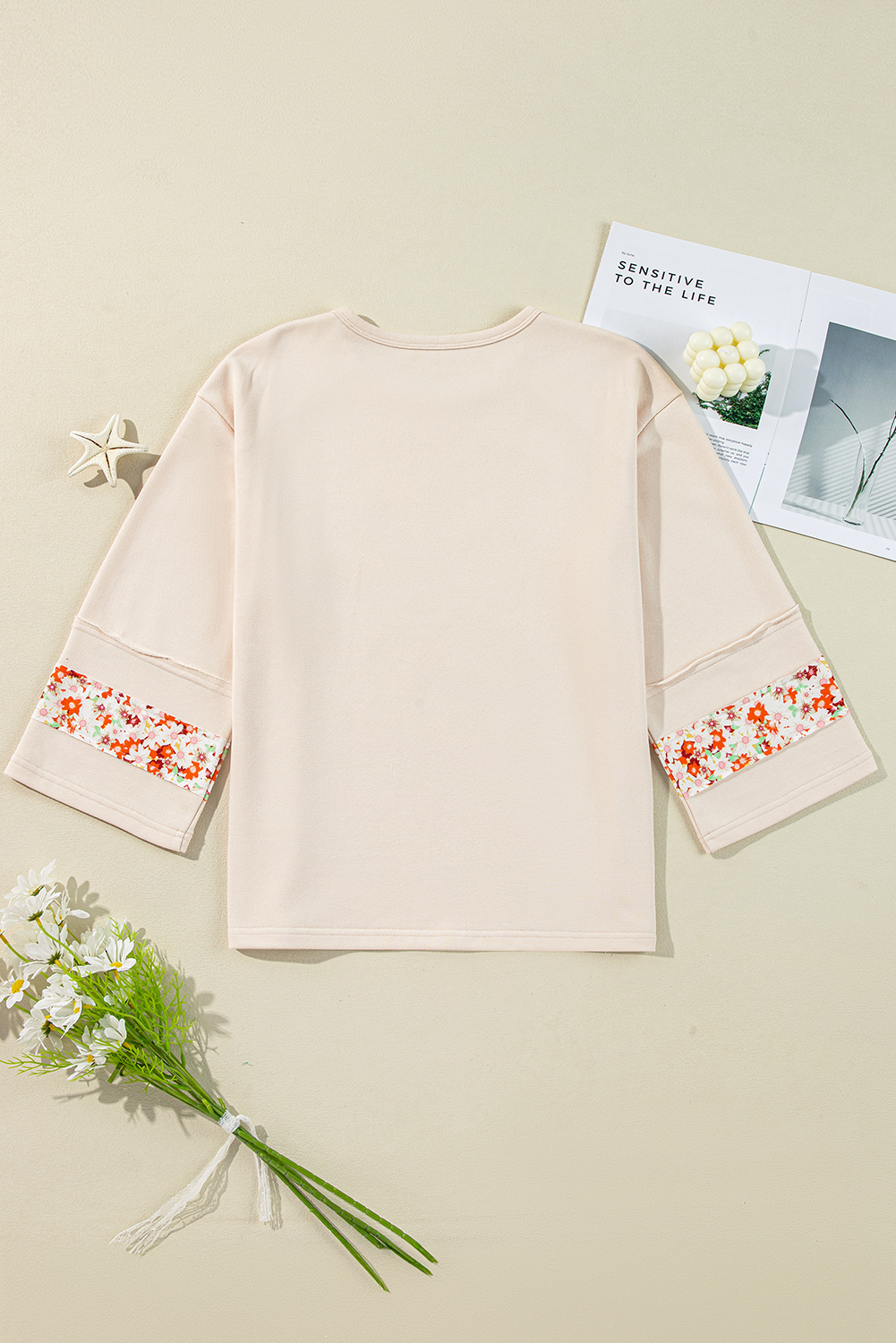Loose Fit and Comfortable Wide Sleeve Tee with Chic Floral Graphic - Beige - Detail View 8 Loose Fit and Comfortable Wide Sleeve Tee with Chic Floral Graphic - Beige - Detail View 8