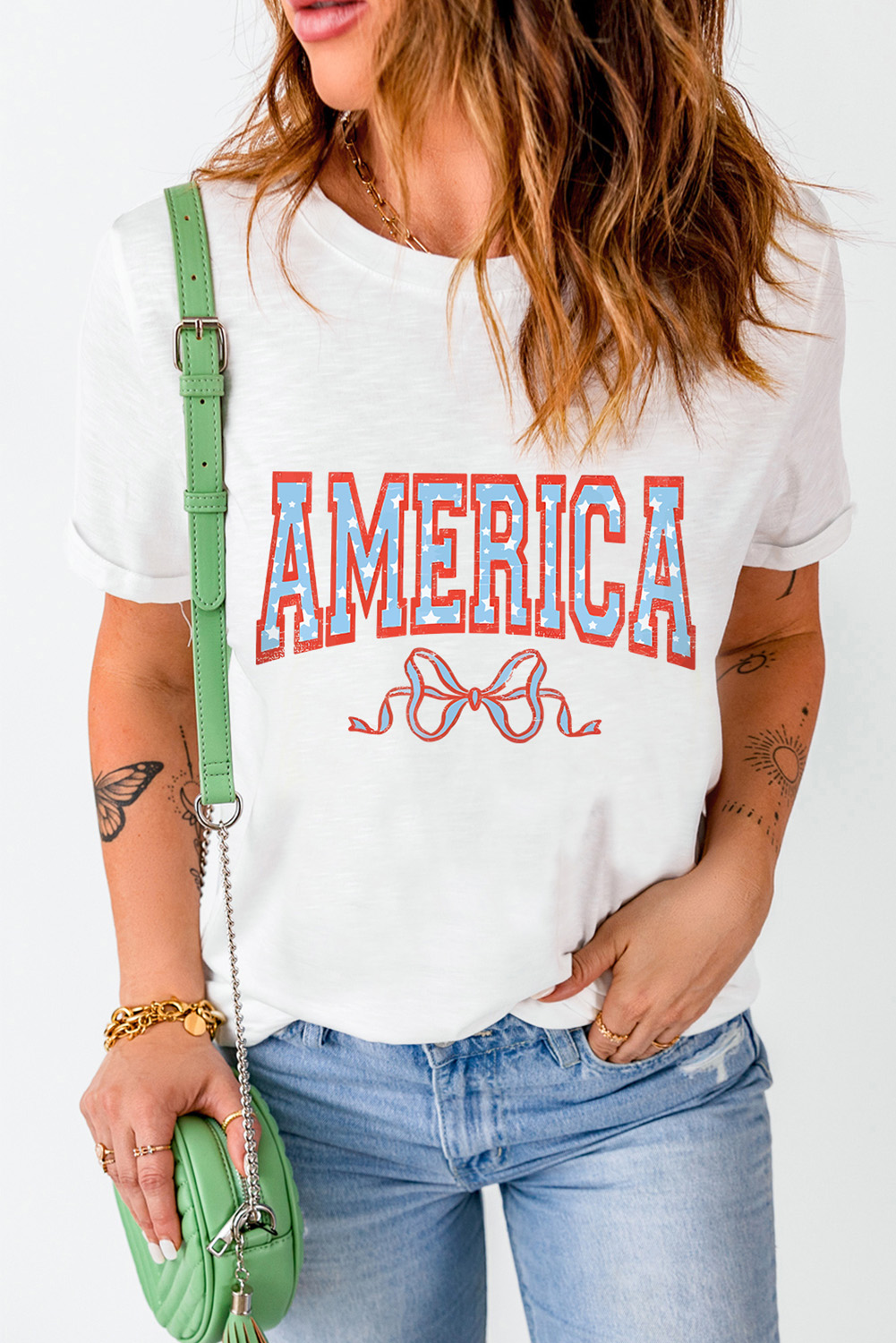 Women's White AMERICA Bow Knot Print Crew Neck Casual Tee - Detail View 6 Women's White AMERICA Bow Knot Print Crew Neck Casual Tee - Detail View 6