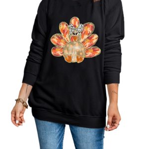 Women's Black Thanksgiving Turkey Graphic Drop Shoulder Sweatshirt - Main View