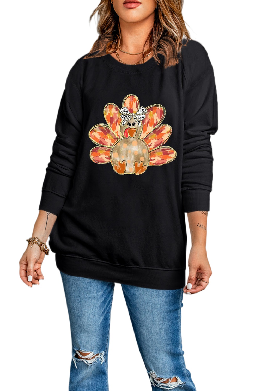 Women's Black Thanksgiving Turkey Graphic Drop Shoulder Sweatshirt - Main View Women's Black Thanksgiving Turkey Graphic Drop Shoulder Sweatshirt - Main View