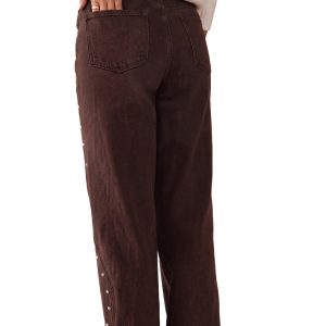 Women's Coffee Denim Jeans, Side Rivet Detail Casual Pants - Main View