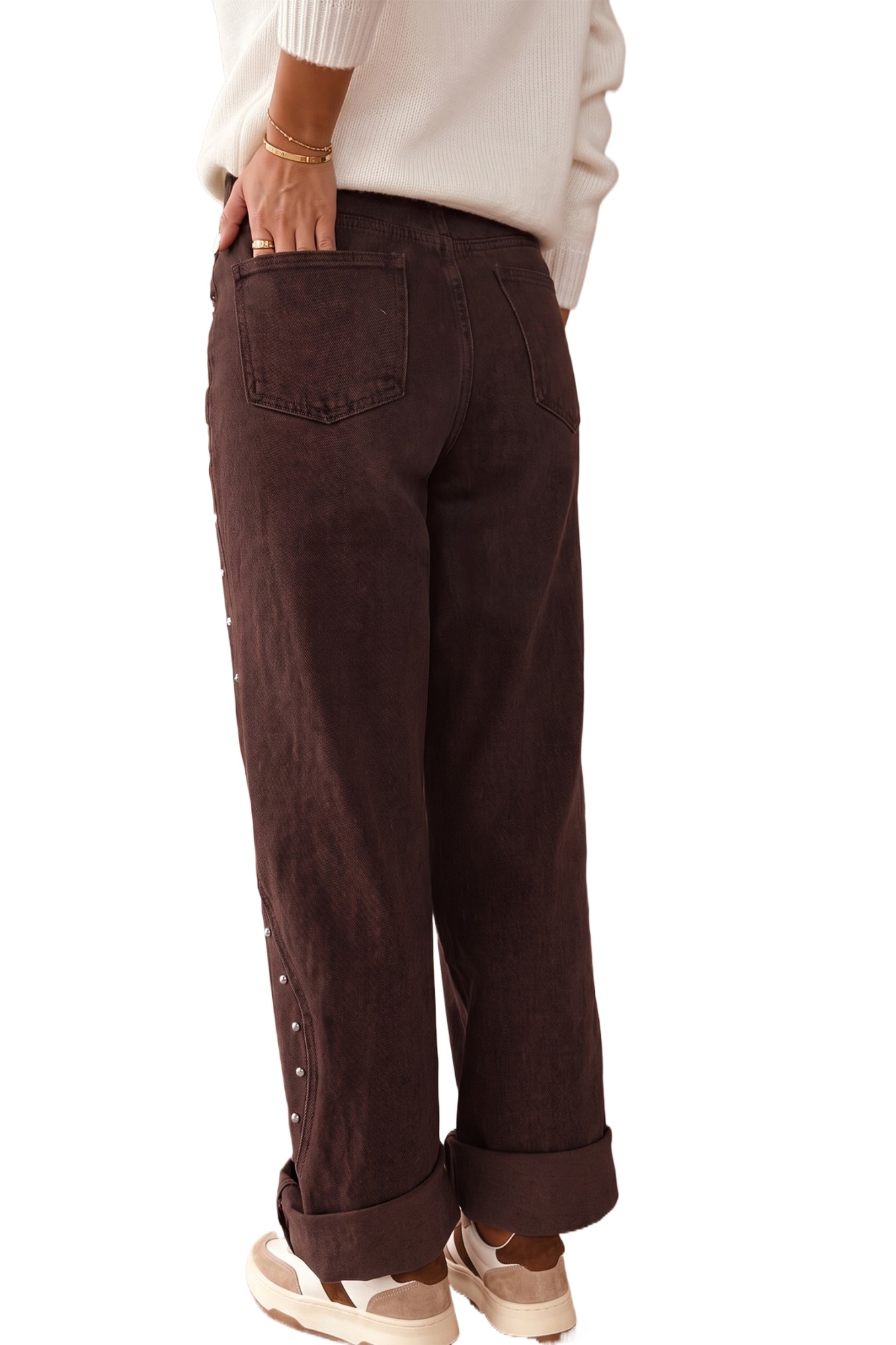 Women's Coffee Denim Jeans, Side Rivet Detail Casual Pants - Main View Women's Coffee Denim Jeans, Side Rivet Detail Casual Pants - Main View