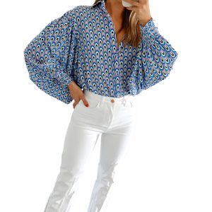 Women's Sky Blue Abstract Print Oversized Buttoned Shirt with Shirred Cuffs - Main View